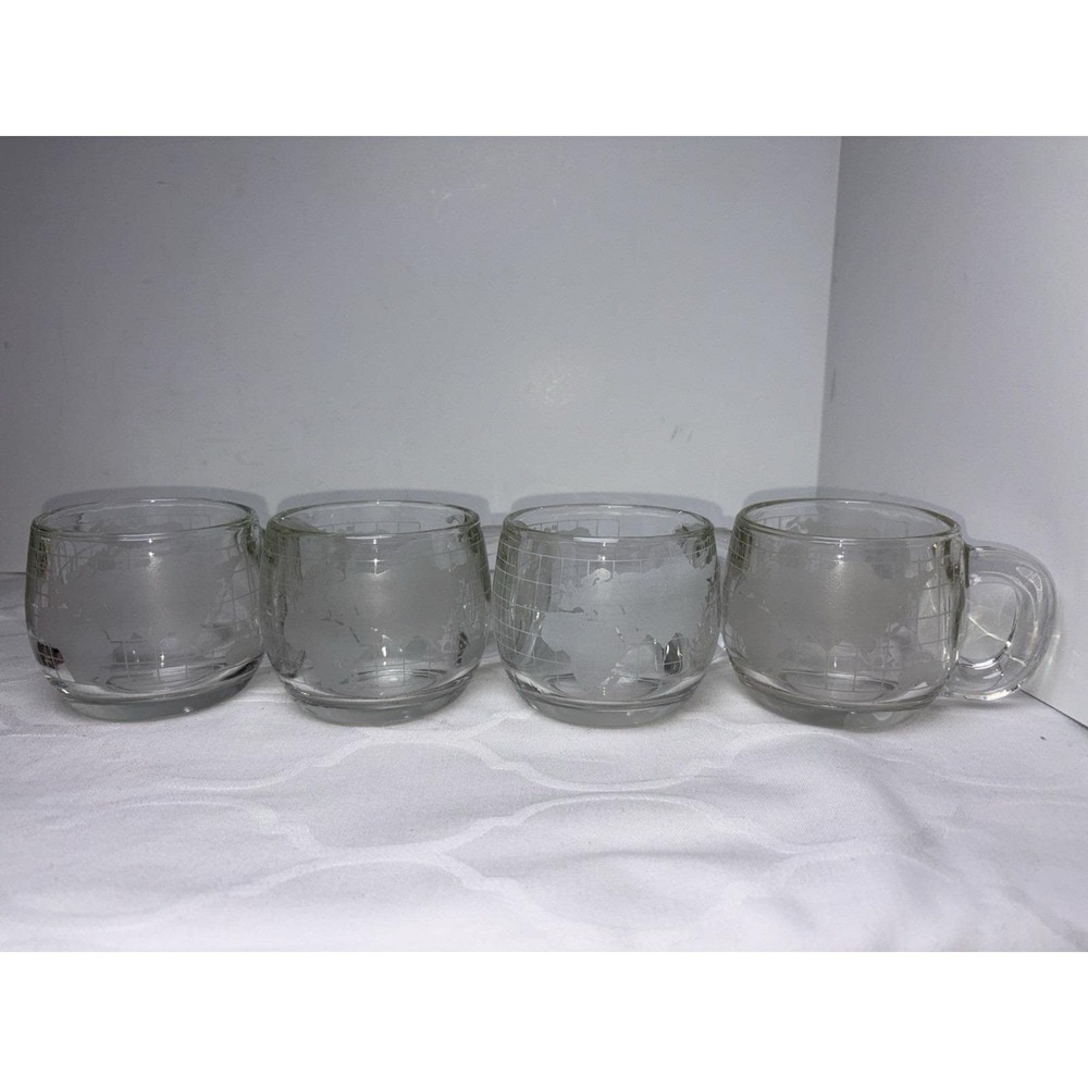 Set If 4 Nestles Nestcafe Etched World Map Coffee Mug Clear Glass  Vintage 1970s